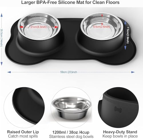 AsFrost Dog Food Bowls Stainless Steel Dog Bowls with No Spill Non-Skid Silicone Mat, Dog Food and Water Bowl Set, Dog Dishes for Small Medium Large Sized Dogs Pet Food Feeding Bowls, 4 Cup, Black - color: Black, size: 4¾ Cup/38 oz each