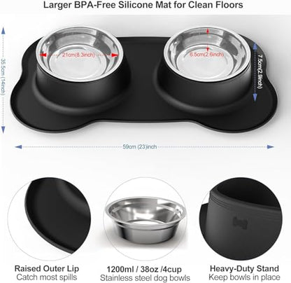 AsFrost Dog Food Bowls Stainless Steel Dog Bowls with No Spill Non-Skid Silicone Mat, Dog Food and Water Bowl Set, Dog Dishes for Small Medium Large Sized Dogs Pet Food Feeding Bowls, 4 Cup, Black - color: Black, size: 4¾ Cup/38 oz each