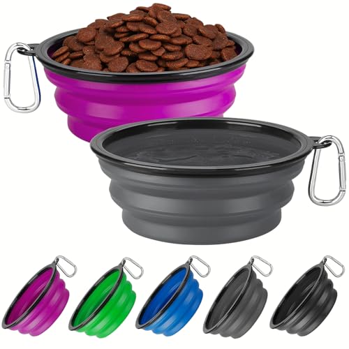 Collapsible Dog Bowl Large 2 Pack, Dog Water Bowls for Travels, Portable Foldable Pet Bowls Feeding Watering Dish for Parking Walking Camping with 2 Carabiners Clip (34oz, Large, Grey+Purple) - color: Grey+Purple, size: Large