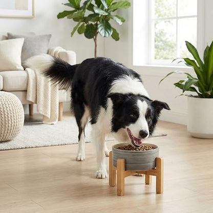 hjn Elevated Ceramic Dog Bowl with Bamboo Stand, Raised Pet Feeding Station for Small Medium Dogs Cats, Modern Design with Anti-Slip Base (White Gray, 7.6Cup) - color: White Gray, size: 7.6Cup