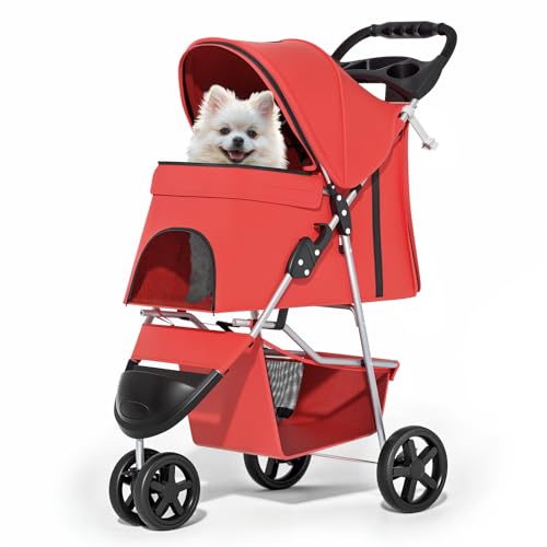MoNiBloom 3 Wheels Pet Stroller, Foldable Puppy Cage Jogger Stroller with Weather Cover for All-Season, Storage Basket and Cup Holder, Breathable and Visible Mesh for Small/Medium Pets, Red - color: Red