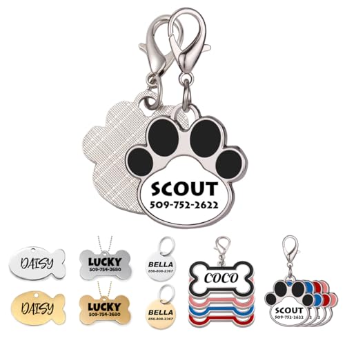 Dog Tags Personalized Pet ID Tags Custom Stainless Steel Dog and Cat Tag with Name Pattern Art Design, Paw - color: Paw