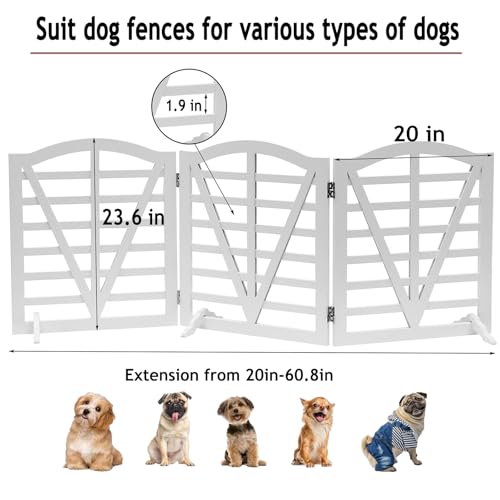 Wooden Dog Gate Freestanding Pet Gate Foldable Pet Gate for Dogs,Indoor Dog Fences with 3Foot Supportershite,3Pane 23.6" Height-White.