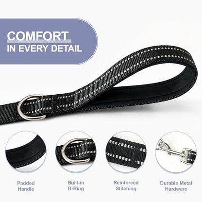 Double Dog Leash for Two Dogs, Complete Set with 31.5" Main Leash + Adjustable Splitter, Padded Handle, D-Ring, 360° Swivel, Shock-Absorbing Bungee, Reflective for Small Medium Large Dogs (Black) - color: Black