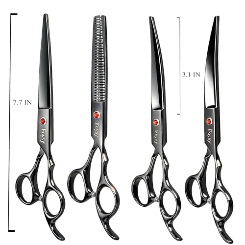 Dog Grooming Scissors Kit, Fcysy Professional Pet Hair Cutting Shears Set with Curved & Straight Blades Scissors Thinning Shears– Stainless Steel Grooming Tools for Dogs & Cats at Home