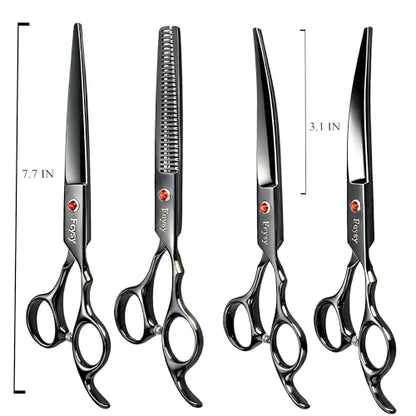 Dog Grooming Scissors Kit, Fcysy Professional Pet Hair Cutting Shears Set with Curved & Straight Blades Scissors Thinning Shears– Stainless Steel Grooming Tools for Dogs & Cats at Home