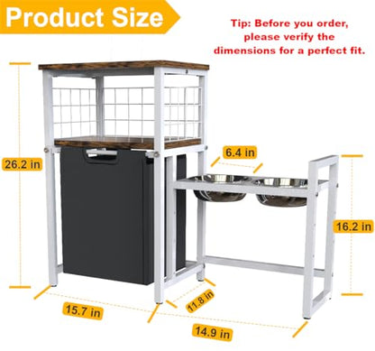 30.6Long x 26.2 High Elevated Dog Bowl Stand with Pet Food Storage Organizer, Adjustable Raised Feeding Station with Toy Basket for Large Medium Small Dogs and Cats, White - color: White