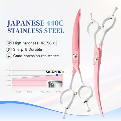 7'' Curved Dog Grooming Scissors Pink to White Gradient | 440C Stainless Steel, Sharp Durable, Professional or Home Use,Ergonomic Handle with 2 Silicone Finger Rings - color: Pink