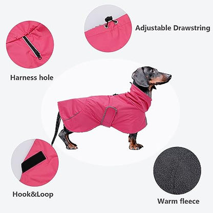 Dachshund Coats Waterproof, Perfect for Dachshunds, Sausage, Weiner Dog Winter Coat with Padded Fleece, Puppy Snowsuit with Adjustable Bands and High Vis Reflective Trim - Pink - L - color: Pink, size: Large