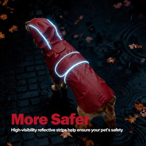 Kimee Dog Raincoat Reversible, Single Side Slicker Poncho Adjustable Waterproof Dog Rain Jacket with Leash Hole/Reflective Stripe Hooded Snowproof Windproof Clothes for Small to 3X-Large Dogs, S - color: Red, size: Small