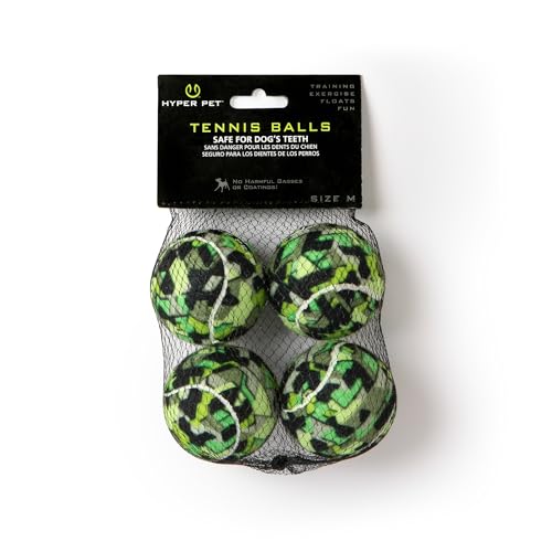 Hyper Pet Tennis Balls for Medium Dogs, 2.5 in Size, Pack of 4, Green Camo | Interactive colored set pups chase, catch and retrieve during active outdoor play sessions, keeps tails wagging every day