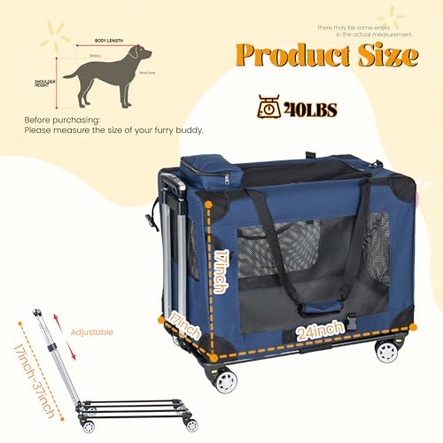Large Foldable Rolling Dog Carrier,3-Doors Cat Carrier with Detachable Wheels,Pet Rolling Bag 24"x17"x17" for Large Cats, Medium & Small Dogs, Detachable for Travel,Vet Visits,Outdoor Walks (24 inch) - size: 24 inch