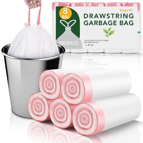 8 Gallon Trash Bags Drawstring Unscented - Magesh 5 Rolls 100 Count Medium Garbage Bag Clear White 30 Liter Strong Plastic Wastebasket Can Liners for Home Kitchen Outdoor Camping - color: Drawstring-8Gal100