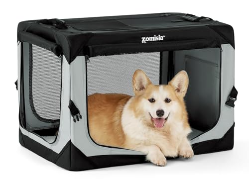 ZOMISIA Collapsible Dog Crate for Medium Dogs - 30 Inch Portable Dog Travel Crate Soft Sided with Breathable Mesh Windows, Foldable Dog Kennel for Indoor and Outdoor, Grey - size: 30.0"L x 21.0"W x 21.0"H