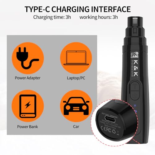K&K Dog Nail Grinder, Professional Dual Speed Rechargeable Pet Nail Trimmer with LED Light, Painless Paws Nail Grinder for Dogs Claws, for Small Medium Large Cats & Dogs Visit the Store