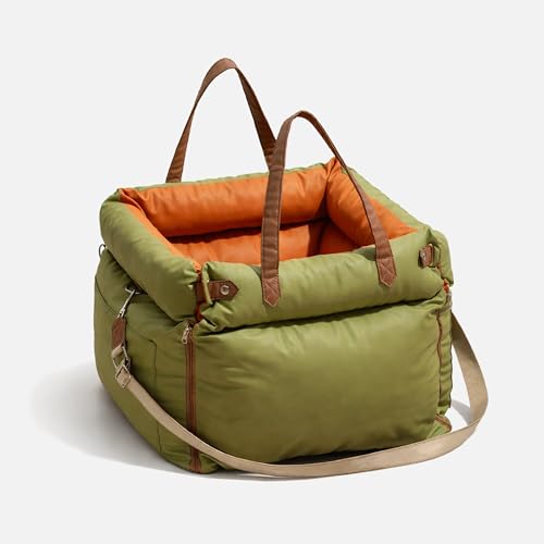 Dog Booster Car Seat for Small Dogs, Stable Non-Slip Design Up to 35 lbs, Water-Resistant PU Travel Carrier with Headrest Straps, Built-in Tether & Storage — Orange/Green