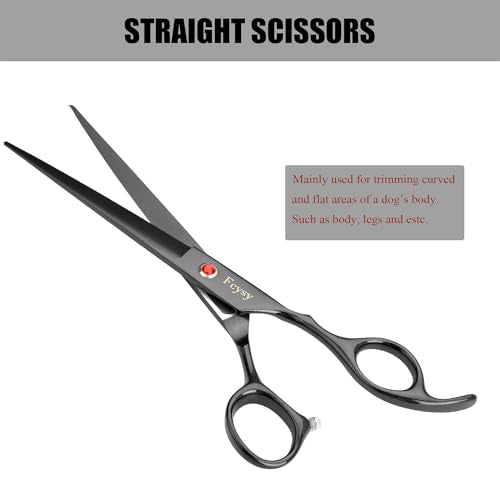 Dog Grooming Scissors Kit, Fcysy Professional Pet Hair Cutting Shears Set with Curved & Straight Blades Scissors Thinning Shears– Stainless Steel Grooming Tools for Dogs & Cats at Home