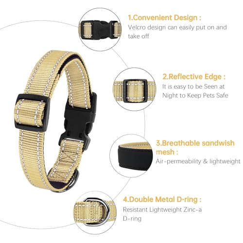 HEELE Dog Collar, Reflective Dog Collar, Soft Neoprene Padded Breathable Nylon Pet Collar Adjustable for Small Dogs, Light Khaki, S(10.23-14.96") - color: Light Khaki, size: Small (10.23-14.96")