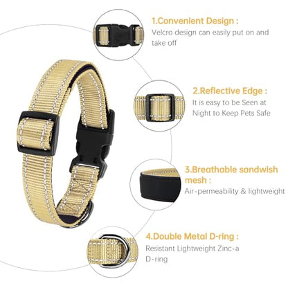 HEELE Dog Collar, Reflective Dog Collar, Soft Neoprene Padded Breathable Nylon Pet Collar Adjustable for Small Dogs, Light Khaki, S(10.23-14.96") - color: Light Khaki, size: Small (10.23-14.96")