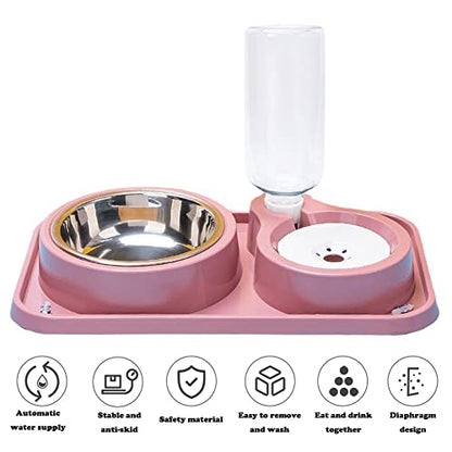 Love Dream Double Dog Cat Bowls, 2 in1 Pet Water and Food Bowl Set with Automatic Gravity Water Dispenser Bottle Detachable Stainless Steel Bowl No-Spill for Cats and Dogs Puppy Kitten Rabbit - color: Pink, size: Capacity Water Bottle: 500ML