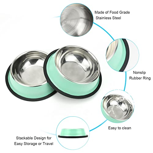 Stainless Steel Dog Bowls, Food and Water Non Slip Anti Skid Stackable Pet Puppy Dishes for Small, Medium and Large Dogs (2 Pack) - color: Aqua, size: 1.5 Cup/12 oz