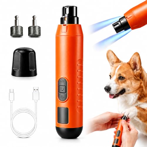 Dog Nail Grinder Quiet, 5-Speed Pet Nail Grinder with LED Light, Rechargeable Electric Dog Nail Trimmer for Small Medium Large Dogs & Cats, 2 Replacement Heads, Orange