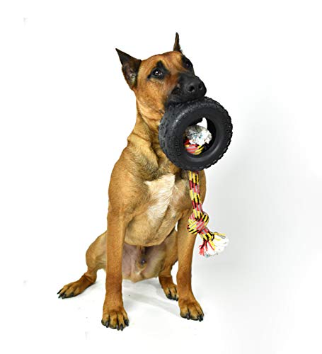 Mammoth Pet Products TireBiterII with Cotton-Poly Rope-Natural Rubber Dog Toys for Extreme Chewers-Dog Toys for Extra Long Interactive Play-Aggressive Chewer Toys for Large-X-Large 7" Black (35018F) - size: X-Large 7", style: Tire with Cotton-Poly Rope