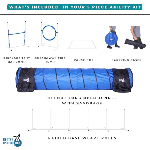 Better Sporting Dogs Premium Starter Dog Agility Set w/Safety-Focused Features | 5Pc Agility Kit | Bar Jump w/Cup Strips | Breakaway Tire Jump | Weave Poles | 10’ Tunnel & Sandbags | Pause Box