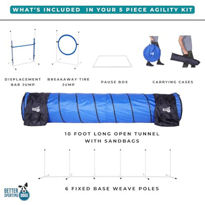 Better Sporting Dogs Premium Starter Dog Agility Set w/Safety-Focused Features | 5Pc Agility Kit | Bar Jump w/Cup Strips | Breakaway Tire Jump | Weave Poles | 10’ Tunnel & Sandbags | Pause Box