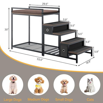 kepptory Dog/Cat Window Perch with Stairs and Seat Cushion, Pet Bunk Bed with Storage Drawers, Bedside Dogs Cot for Small, Medium Cats & Dogs, Pet Stairs Ramp(Brown) - color: Brown