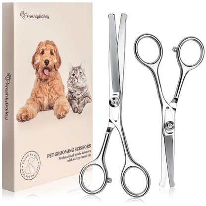 Freshly Bailey Pet Grooming Scissors Set with Round Tips for Dogs & Cats - Professional Grade Shears Safely Cut Through Dog or Cat Hair - Fur Trimming Made Easy - (Set of 2)