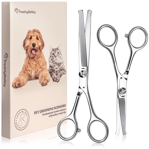 Freshly Bailey Pet Grooming Scissors Set with Round Tips for Dogs & Cats - Professional Grade Shears Safely Cut Through Dog or Cat Hair - Fur Trimming Made Easy - (Set of 2)