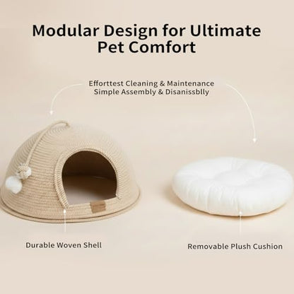 Cat Cave Bed with Washable Cushion and Ball, Handwoven Cotton Rope Cat Basket Bed for Indoor Cats Bed Covered, 3-in-1 Scratching, Playing & Sleeping, All Season Universal(White)