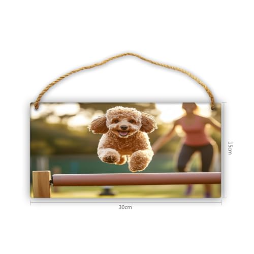 Poodle Dog Jumping Agility Hurdle with Owner in Sunset Light Sign, Rustic Wood Plaque Decor, Farmhouse Wooden Wall Art for Living Room, Bedroom, Entryway, Hanging Home Decor, 12x6 Inch