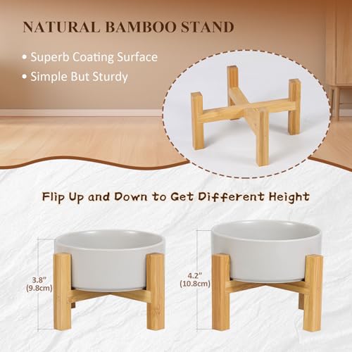 Elevated Ceramic Cat Bowl - Cat Food Bowl with Bamboo Stand - Raised Dog Dish for Puppies - Anti Vomiting, Stress Free - 13.5 oz / 400 ml - Grey - color: Grey, size: Small