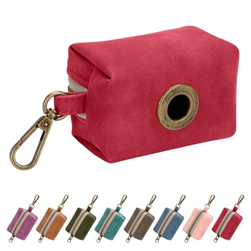 Didog Stylish Dog Poop Bag Holder for Leash, Easy-Pull and Colorful PU Leather Dog Poop Bag Dispenser with Metal Clip, Includes 1 Roll Pet Waste Bag for Daily Walking,Red - color: Red