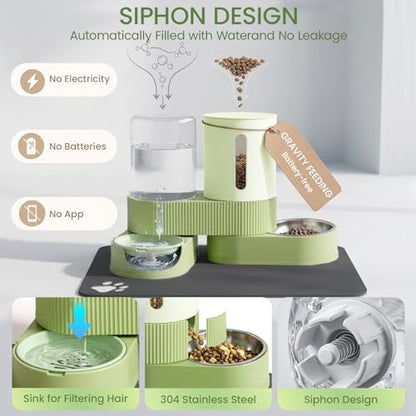 Gravity Cat Feeder 2 Pack Automatic Food Feeder Stainless Steel Water Dispenser Set 360° Rotatable Pet Bowls with Silicone Mat and Brush for Cats Small Medium Dogs, Large Capacity(Green) - color: Green-With mat/brush