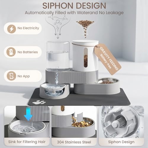 Gravity Cat Feeder 2 Pack Automatic Food Feeder and Water Dispenser Set Detachable Pet Bowl with Silicone Mat and Brush for Cats Small Medium Dogs, Large Capacity(Grey) - color: Grey-With mat/brush