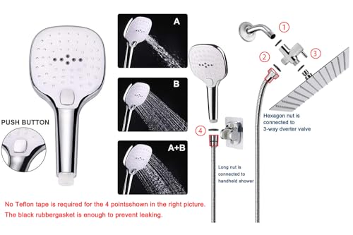 NearMoon Shower Head with Hose, High Pressure Stainless Steel Rain Shower and 3 Settings Handheld Spray Combo with Push Button Flow Control (8 Inch, Chrome Finish) - color: Chrome Finish, size: 8 Inch