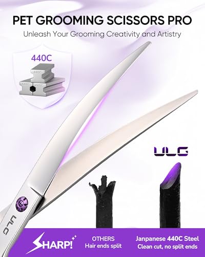 ULG 30° Curved Dog Grooming Scissors 440C Stainless Steel, 7.5" Professional Pet Grooming Shears with Reversible Butterfly Handles, Dog Scissors for Grooming Face, Eyes, Paws & Body - size: 7.5" Curved (440C)