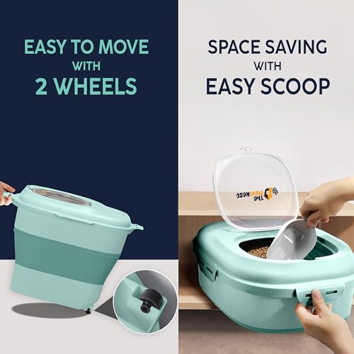 Dog Food Storage Container 30-35 lb, Airtight Collapsible Cute Dog Food Container with Wheels & Scoop, Stackable Pet Food Storage Container for Dog & Cat Food - color: Green