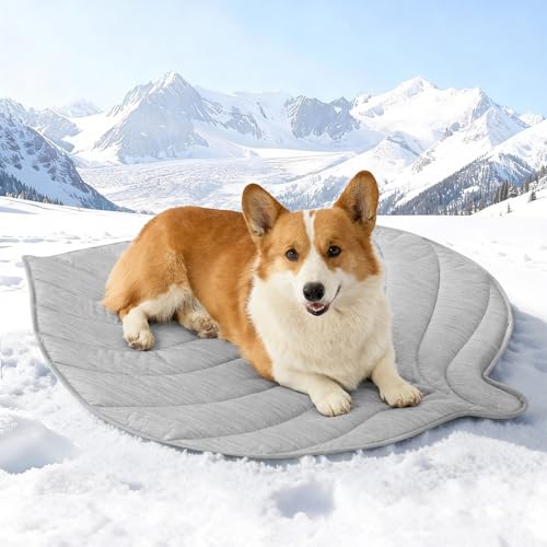Cooling Mat/Pad/Blanket for Dogs & Cats Indoor — Fabric, Non-Gel, Non-Electric, Q-Max > 0.4 Leaf Shaped Pet Pad, Waterproof Summer Sleep Mat, 39x34inch, Silver Grey