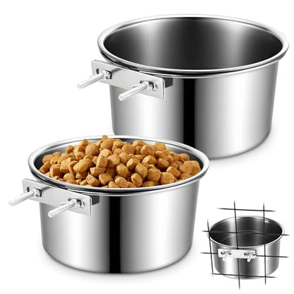 2 Pack Dog Crate Water Bowl Hanging Kennel Water Bowls No Spill Stainless Steel Dog Food Bowls Kennel Bowl Mountable Coop Cup for Large Medium Dogs (7.1” & 7.9”)