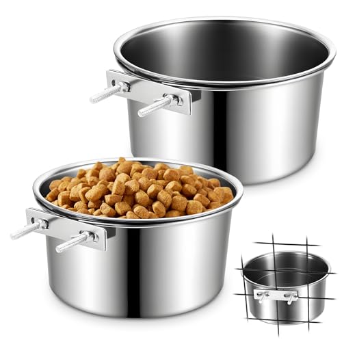 2 Pack Dog Crate Water Bowl Hanging Kennel Water Bowls No Spill Stainless Steel Dog Food Bowls Kennel Bowl Mountable Coop Cup for Large Medium Dogs (7.1” & 7.9”)