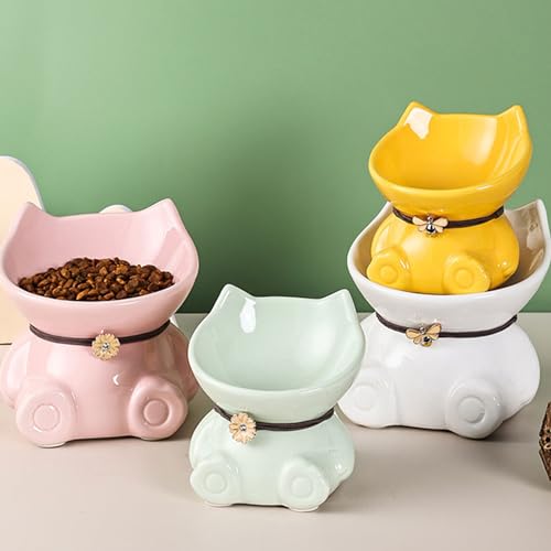 Disoza Ceramic Raised Cat Bowls for Indoor Cats 5.8 Inch White Cute Elevated Food Bowls 15° Tilted Whisker Friendly Water Bowl Dishwasher Safe Puppy Feeding Set Supplies Dog Accessories - color: White Cute Elevated Cat Food Bowls