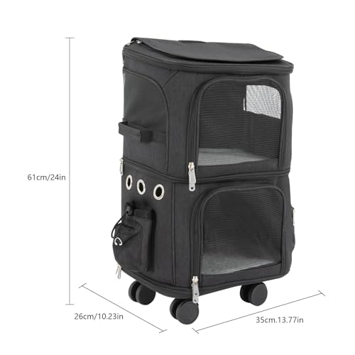 Double-Compartment Pet Rolling Carrier with Wheels, 13.78 * 10.24 * 24.01 in Ajustable Pet Carrier, 22.05 lbs Bearing Collapsible Pet Trolley Bag for Cats, Dogs, Pet Ferrets, Rabbits (Black) - color: Black