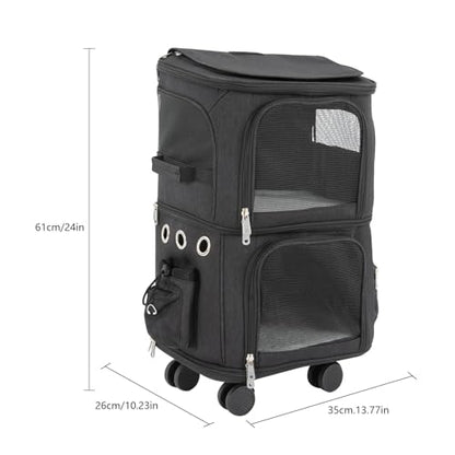 Double-Compartment Pet Rolling Carrier with Wheels, 13.78 * 10.24 * 24.01 in Ajustable Pet Carrier, 22.05 lbs Bearing Collapsible Pet Trolley Bag for Cats, Dogs, Pet Ferrets, Rabbits (Black) - color: Black