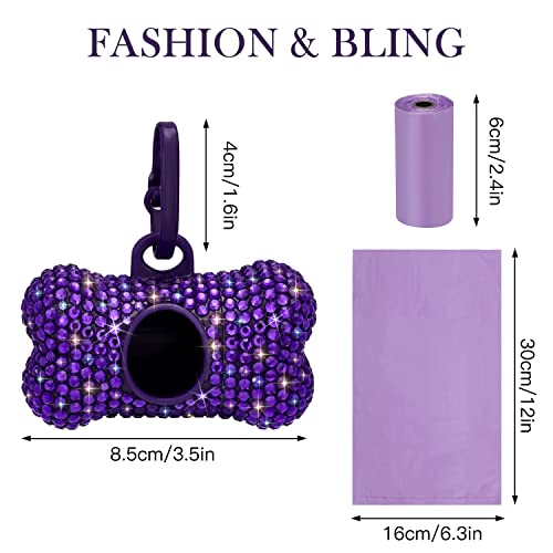 SAVORI Dog Poop Bag Holder Bling Crystal Dog Waste Bags Dispenser for Pet Dog Doggy with Carabiner Clip Includes 1 Roll 15 Bags (Purple) - color: Purple