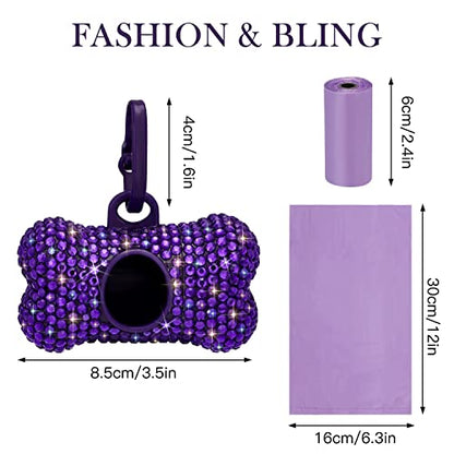 SAVORI Dog Poop Bag Holder Bling Crystal Dog Waste Bags Dispenser for Pet Dog Doggy with Carabiner Clip Includes 1 Roll 15 Bags (Purple) - color: Purple