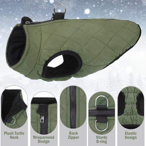 SCENEREAL Winter Dog Vest Coat with Built-in Harness, Warm Puppy Jacket for Small & Medium Dogs, Cold Weather Coat with Zipper, Fleece Puffer Vest Windproof Snow Clothes - color: #1 Olive-Matte, size: XL(Chest 21.5")-Regular
